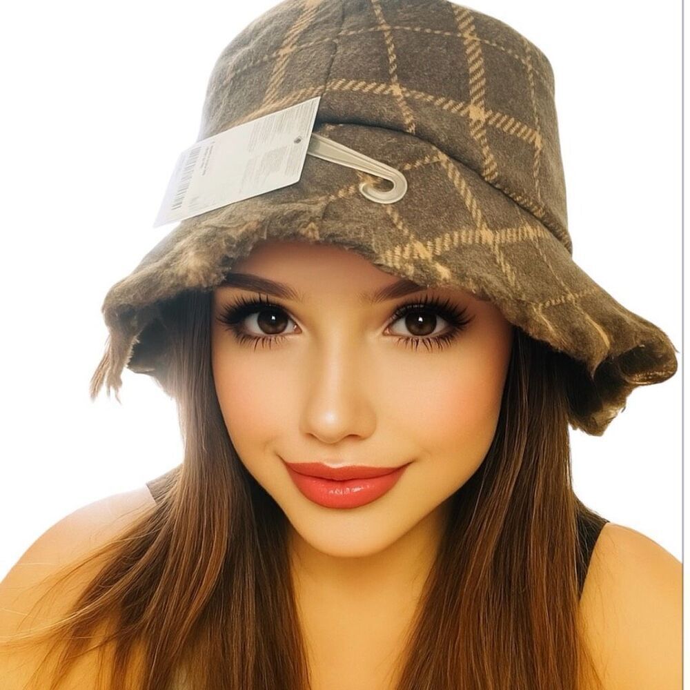 Frayed Woven Bucket Hat allover plaid pattern wide brim, and frayed raw-cut Trim